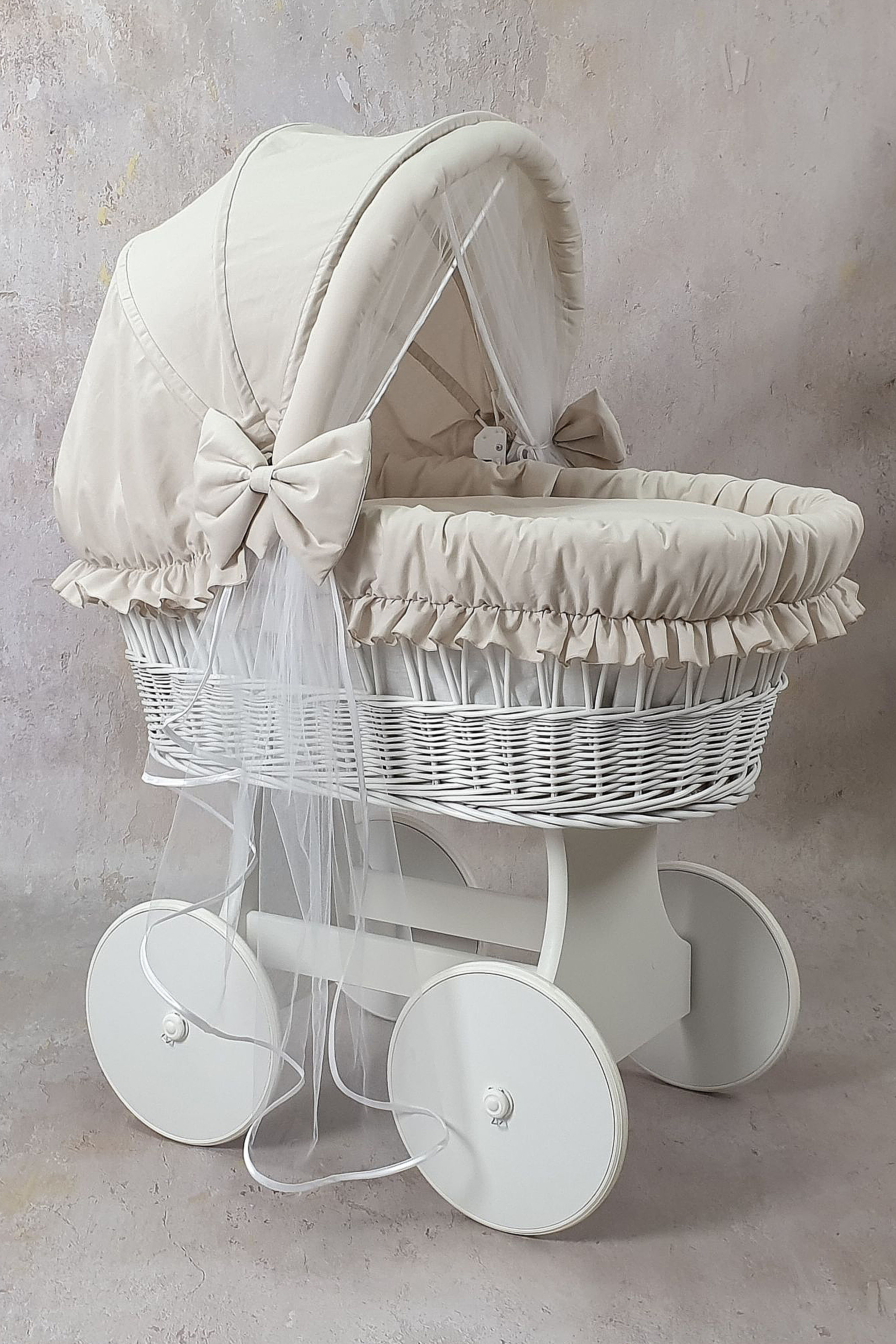Moisés completo de mimbre con capota y mosquitera beige, blanco algodón